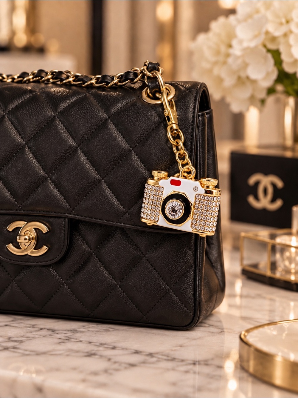 Rhinestone Camera Keychain Gold White Crystal Bag Charm NWT